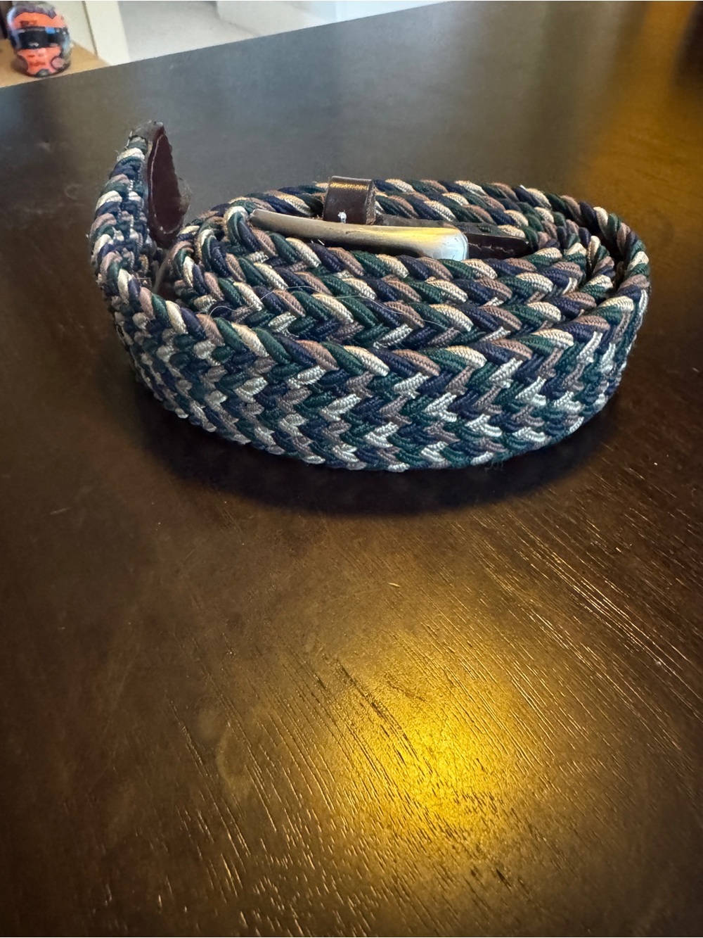 Braided Leather-Trim Men’s Belt in Green, Blue and Tan